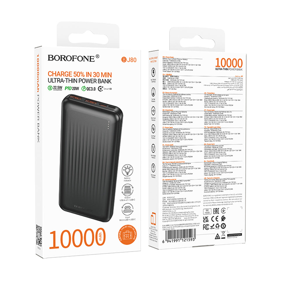Ulkoinen akku Borofone BJ80A Clever, 10000mAh, 22.5W, QC + PD, 1 x USB-C - 2 x USB-A, Musta