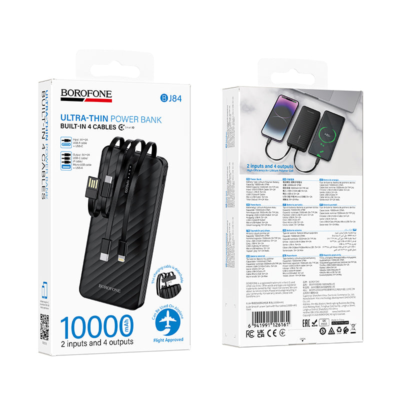 Borofone BJ84 Smooth ulkoinen akku, 10000mAh, 10W, 1 x Lightning - 1 x microUSB - 1 x USB-A - 1 x USB-C, Musta