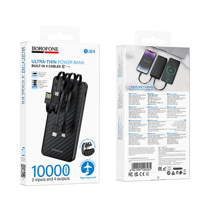 Borofone BJ84 Smooth ulkoinen akku, 10000mAh, 10W, 1 x Lightning - 1 x microUSB - 1 x USB-A - 1 x USB-C, Musta