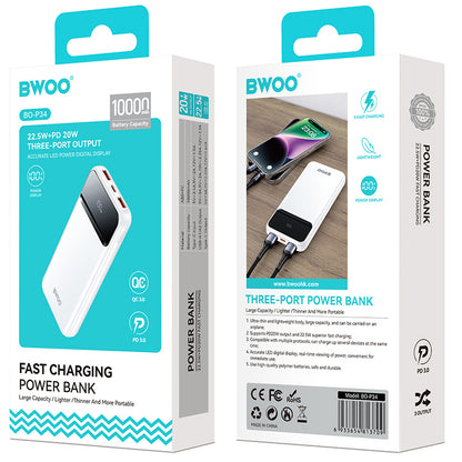 Ulkoinen akku BWOO BO-P34, 10000mAh, 22,5W, QC + PD, 1 x USB-C - 2 x USB-A, Valkoinen