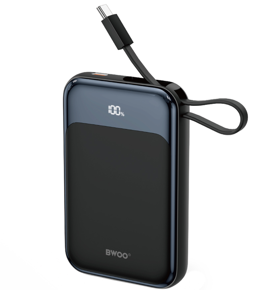 Langaton ulkoinen akku BWOO BO-P80, 10000mAh, 22.5W, PD + FQI, 1 x QI - 2 x USB-C, Musta