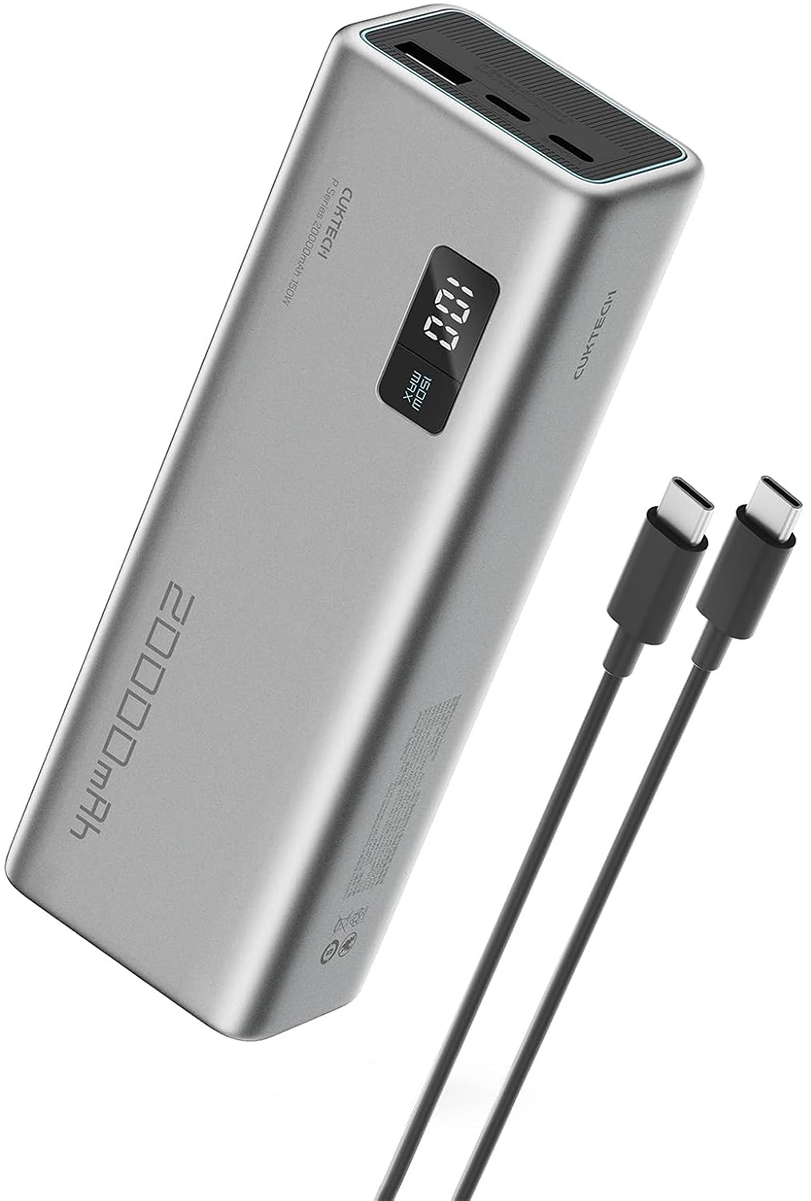 Ulkoinen akku Cuktech P+ No.15, 20000mAh, 150W, QC + PD, 1 x USB-A - 2 x USB-C, Harmaa CUKPB200GLBK