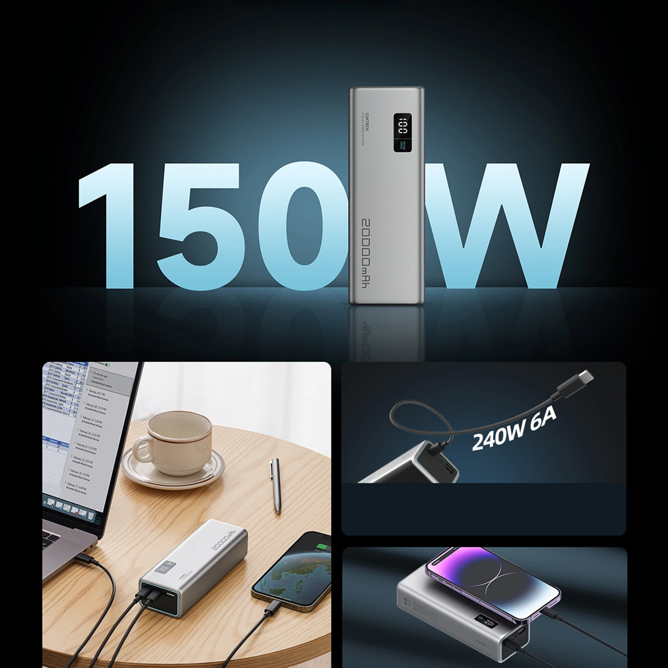 Ulkoinen akku Cuktech P+ No.15, 20000mAh, 150W, QC + PD, 1 x USB-A - 2 x USB-C, Harmaa CUKPB200GLBK
