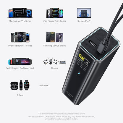 Cuktech PB200U -varavirtalähde, 20 000 mAh, 210 W, QC + PD, 1 x USB-A – 2 x USB-C, valkoinen CKPB200UGLGR