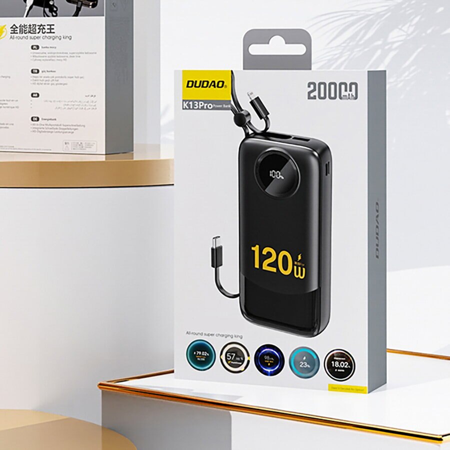 Ulkoinen akku Dudao K13, 10000mAh, 22.5W, QC + PD, 1 x Lightning - 1 x USB-A - 2 x USB-C, Musta
