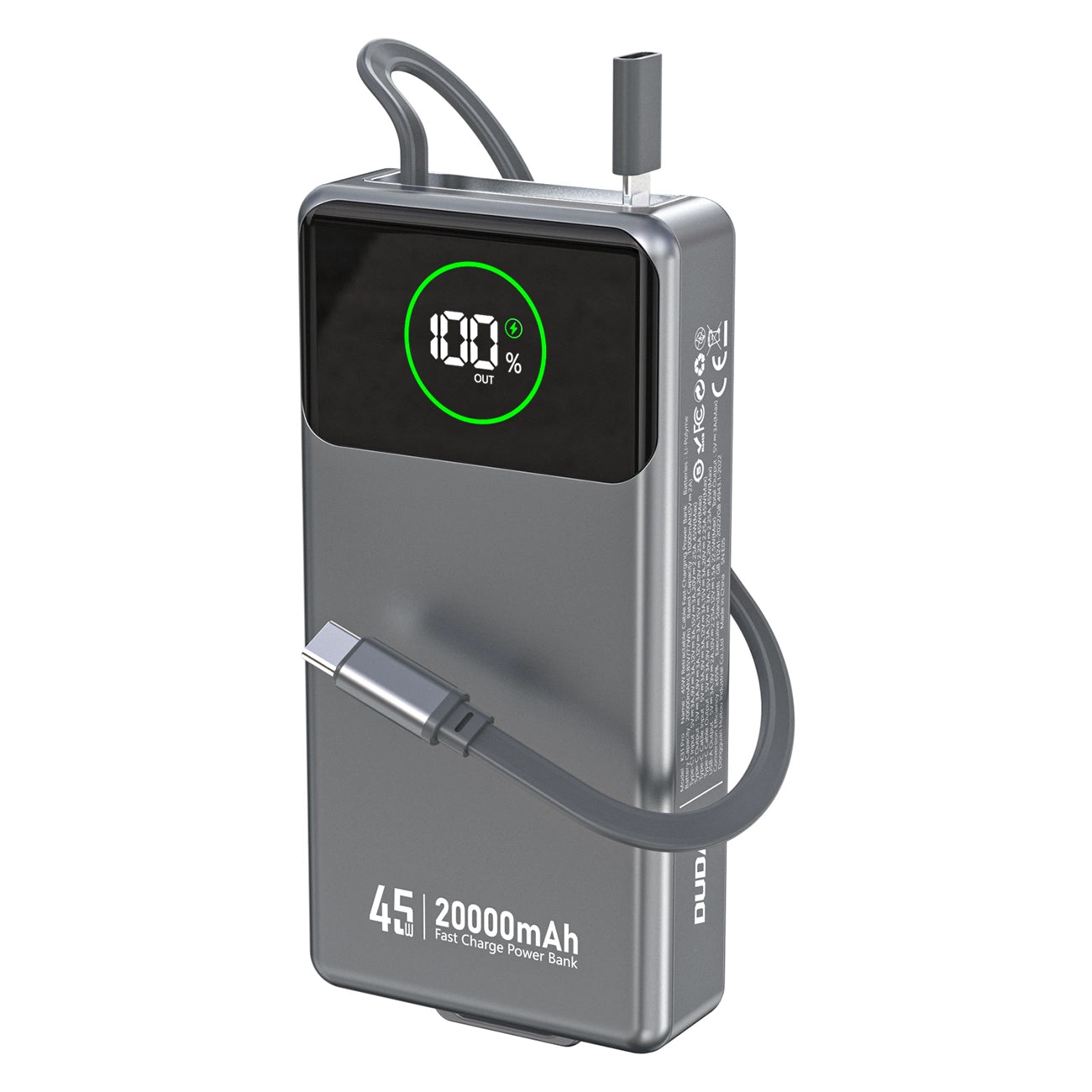 Dudao K31 Pro Ulkoinen Akku, 20000mAh, 45W, QC + PD, 1 x USB-A - 2 x USB-C, Harmaa