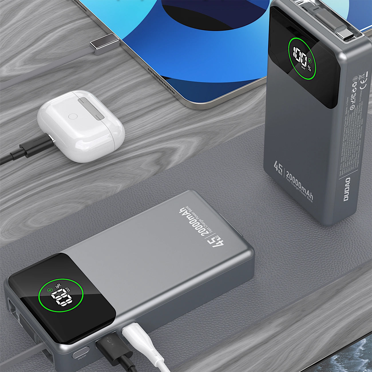 Dudao K31 Pro Ulkoinen Akku, 20000mAh, 45W, QC + PD, 1 x USB-A - 2 x USB-C, Harmaa