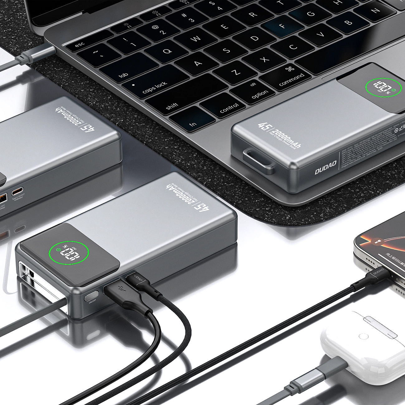 Dudao K31 Pro Ulkoinen Akku, 20000mAh, 45W, QC + PD, 1 x USB-A - 2 x USB-C, Harmaa