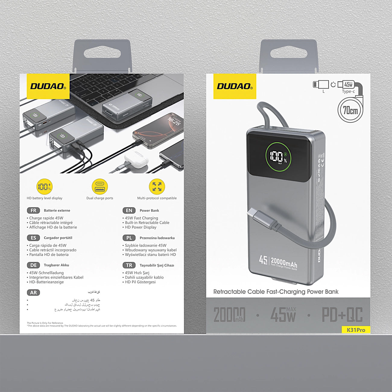 Dudao K31 Pro Ulkoinen Akku, 20000mAh, 45W, QC + PD, 1 x USB-A - 2 x USB-C, Harmaa
