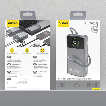 Dudao K31 Pro Ulkoinen Akku, 20000mAh, 45W, QC + PD, 1 x USB-A - 2 x USB-C, Harmaa