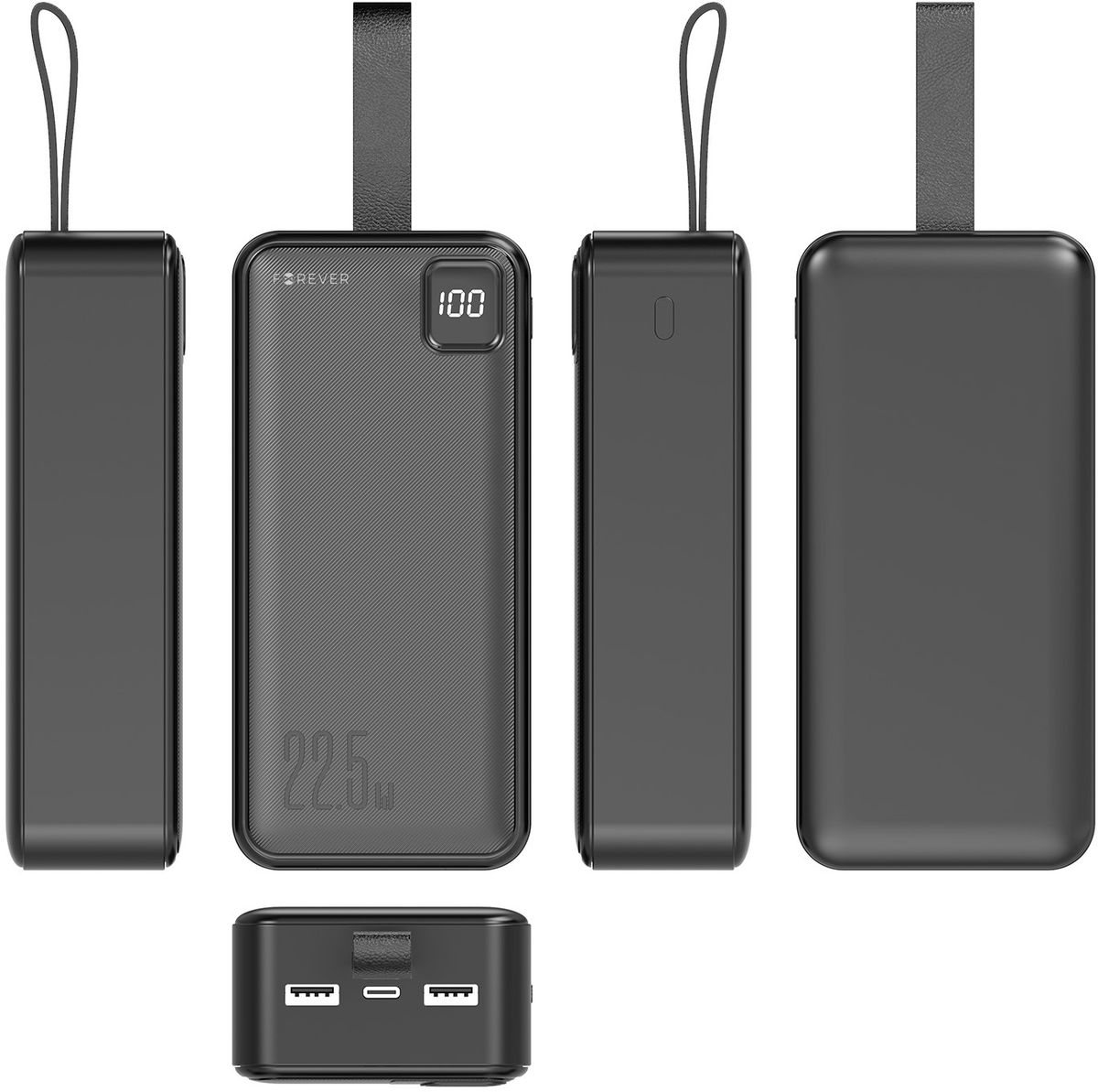 Forever TB-300XL -varavirtalähde, 30000 mAh, 22,5 W, QC + PD, 1 x USB-C – 2 x USB-A, musta