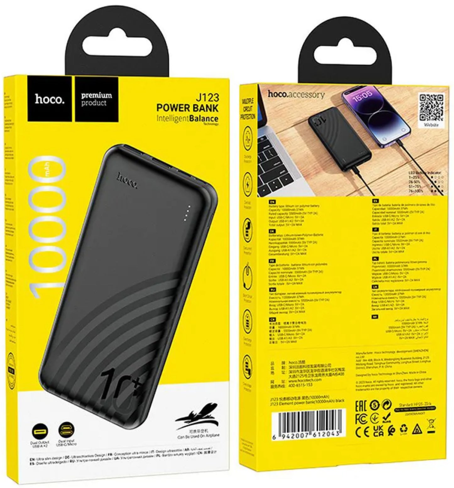 Ulkoinen akku HOCO J123, 10000mAh, 10W, 2 x USB-A, Musta