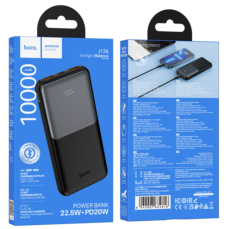 HOCO J136 -varavirtalähde, 10 000 mAh, 22,5 W, QC + PD, 1 x USB-C – 2 x USB-A, musta