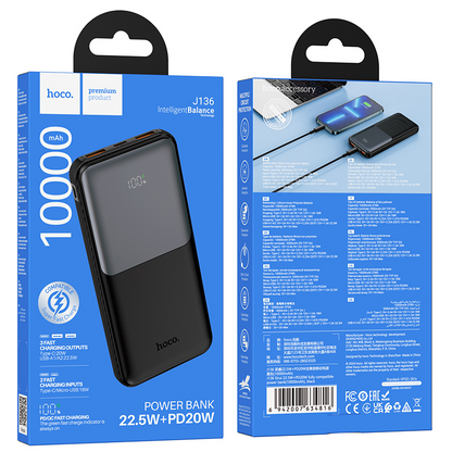 HOCO J136 -varavirtalähde, 10 000 mAh, 22,5 W, QC + PD, 1 x USB-C – 2 x USB-A, musta