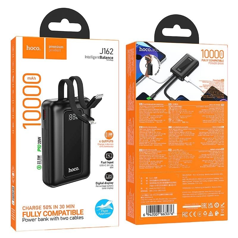 HOCO J162 Ulkoinen akku, 10000mAh, 22,5W, QC + PD, 1 x Lightning - 1 x USB-A - 2 x USB-C, Musta