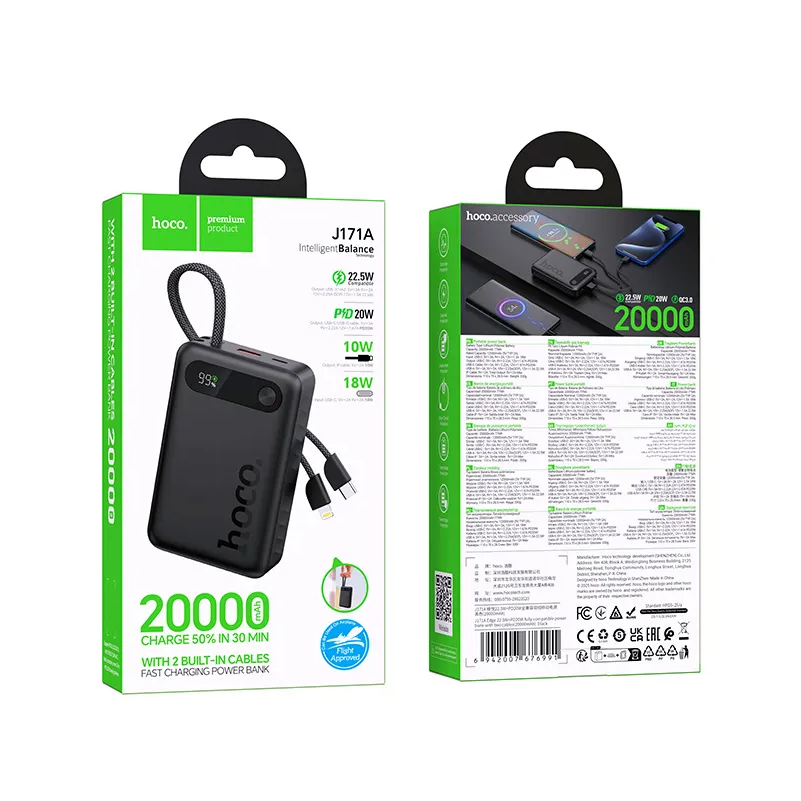 HOCO J171A Ulkoinen Akku, 20000mAh, 22,5W, QC + PD, 1 x Lightning - 1 x USB-A - 2 x USB-C, Musta
