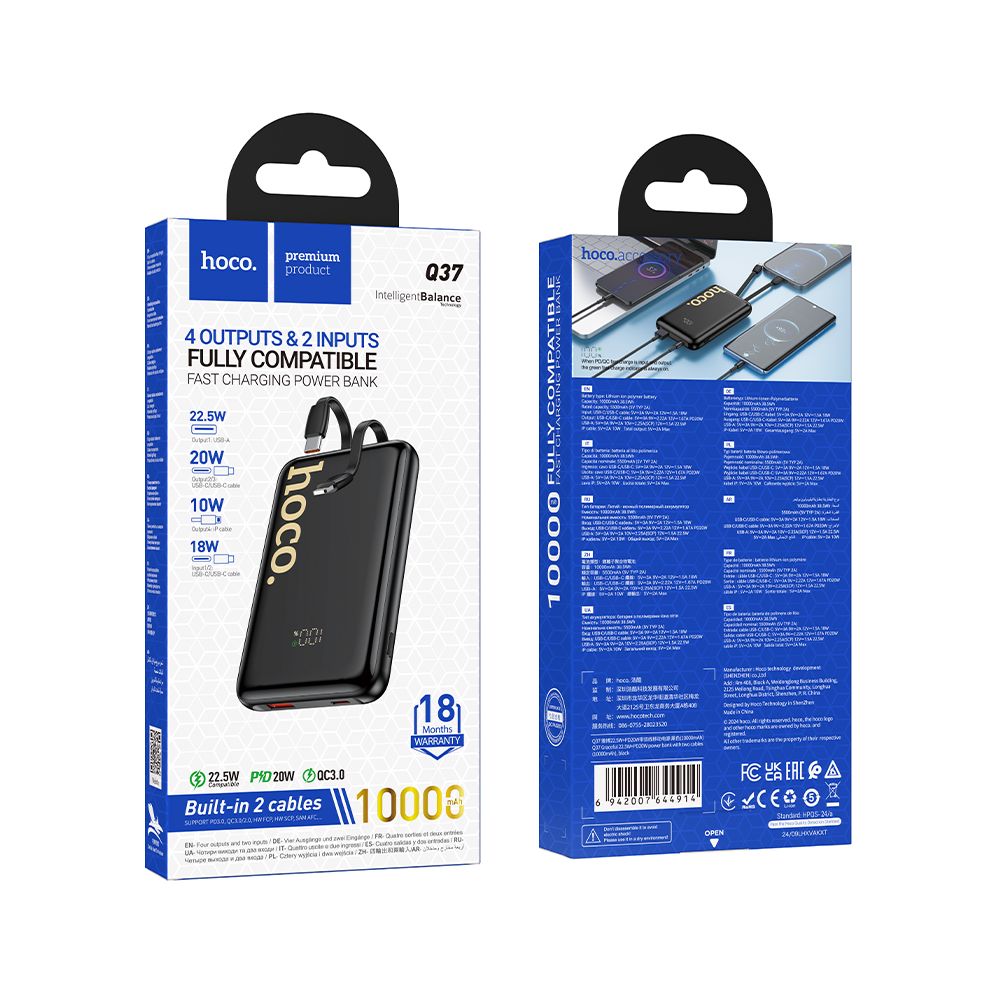 HOCO Q37 Ulkoinen akku, 10000mAh, 22,5W, QC + PD, 1 x Lightning - 1 x USB-A - 2 x USB-C, Musta