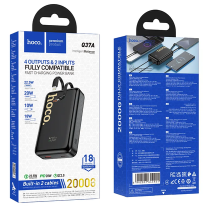 HOCO Q37A Ulkoinen akku, 20000mAh, 22,5W, QC + PD, 1 x Lightning - 1 x USB-A - 2 x USB-C, Musta