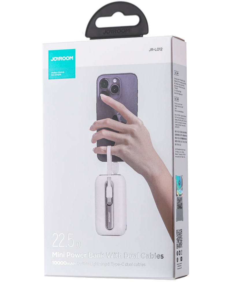 Ulkoinen akku Joyroom Colorful Series JR-L012, 10000mAh, 22.5W, QC + PD, 1 x Lightning - 2 x USB-C, Valkoinen