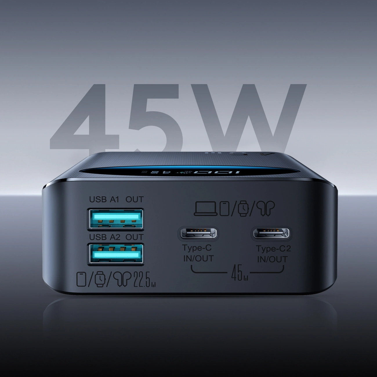 Joyroom JR-PBF02 Pro ulkoinen akku, 20000mAh, 45W, QC + PD, 2 x USB-A - 2 x USB-C, Musta