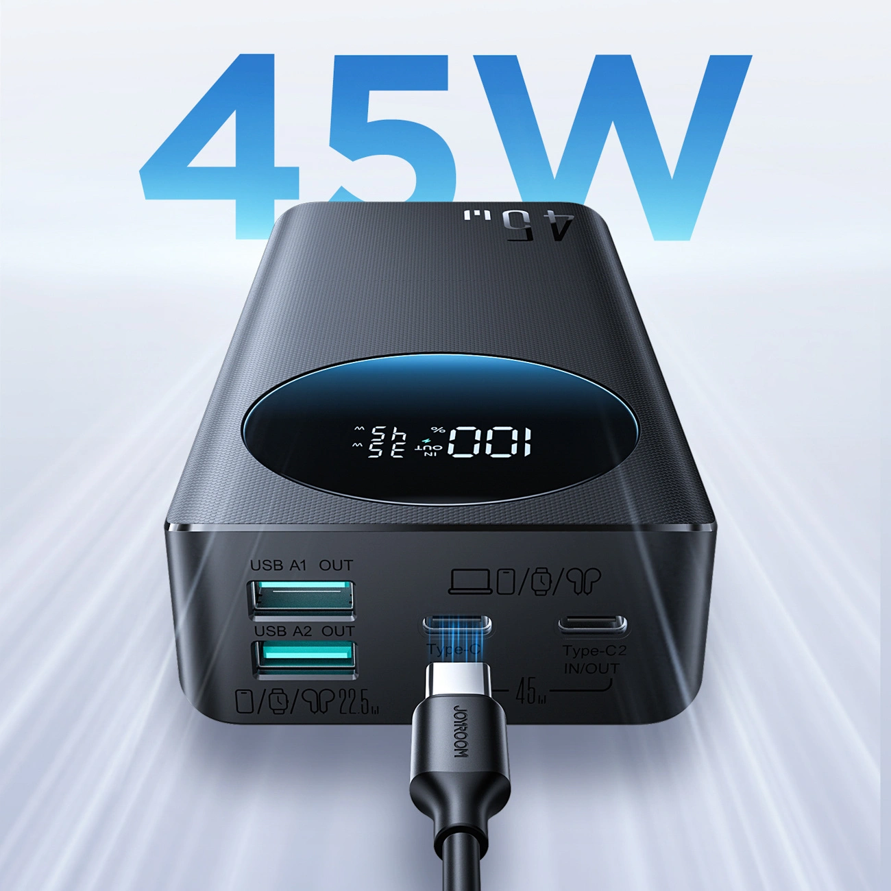 Joyroom JR-PBF02 Pro ulkoinen akku, 20000mAh, 45W, QC + PD, 2 x USB-A - 2 x USB-C, Musta