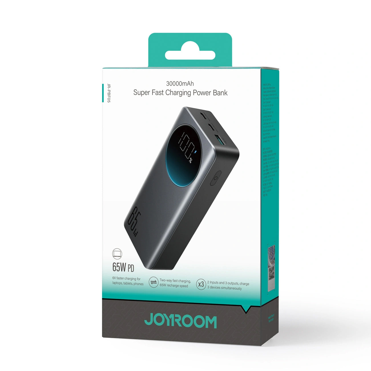 Joyroom JR-PBF05 Pro ulkoinen akku, 30000mAh, 65W, QC + PD, 1 x USB-A - 2 x USB-C, Musta