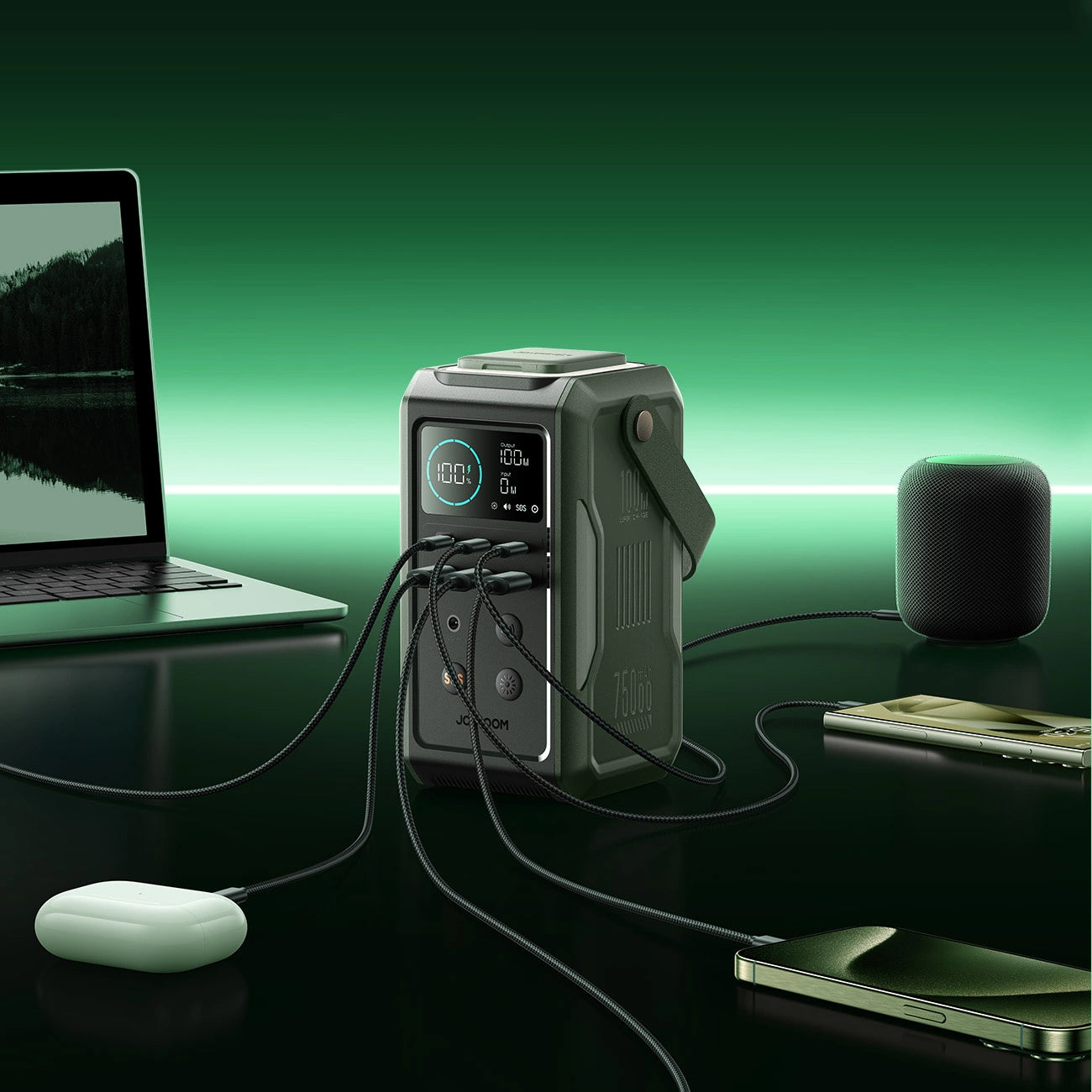 Joyroom JR-PBF10 ulkoinen akku, 75000mAh, 100W, QC + PD, 3 x USB-A - 3 x USB-C, Vihreä