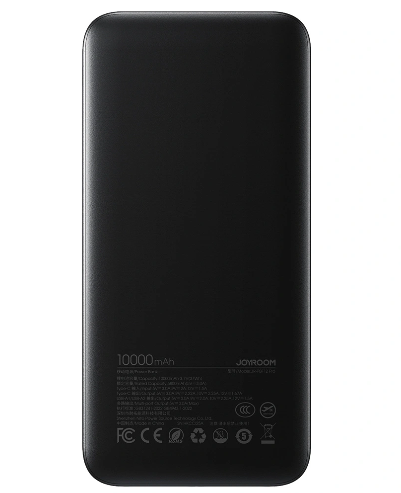 Joyroom JR-PBF12 Pro ulkoinen akku, 10000mAh, 22,5W, QC + PD, 1 x USB-C - 2 x USB-A, Musta