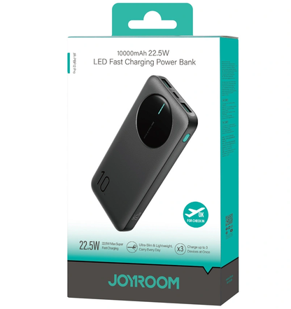 Joyroom JR-PBF12 Pro ulkoinen akku, 10000mAh, 22,5W, QC + PD, 1 x USB-C - 2 x USB-A, Musta
