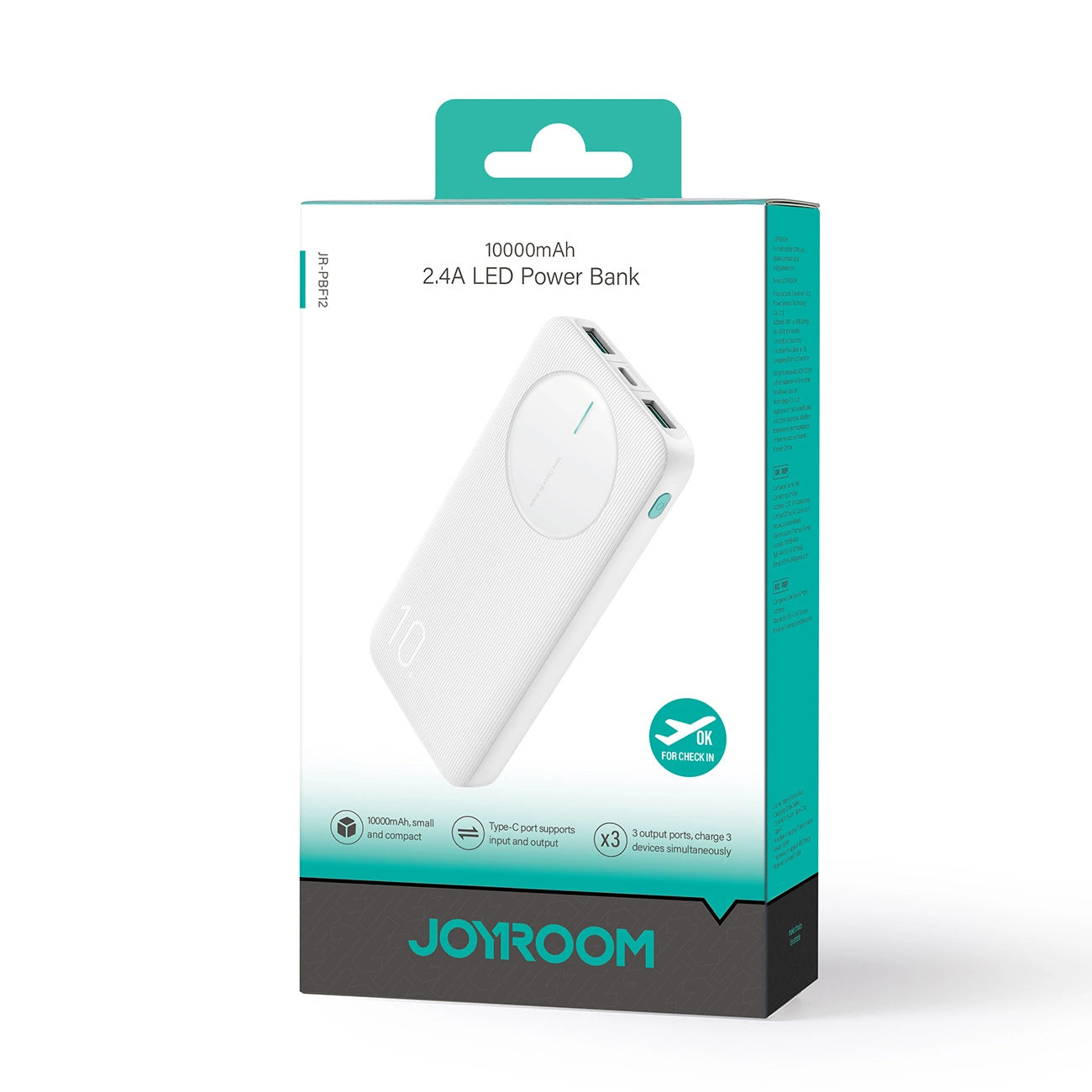 Ulkoinen akku Joyroom JR-PBF12, 10000mAh, 12W, 1 x USB-C - 2 x USB-A, Valkoinen