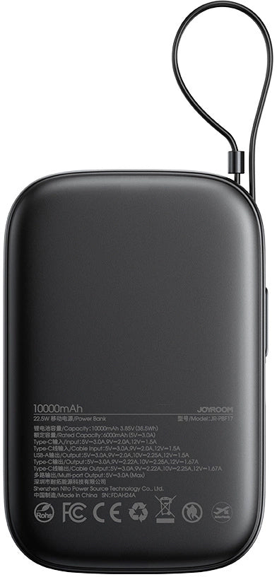 Ulkoinen akku Joyroom JR-PBF17, 10000mAh, 22.5W, QC + PD, 1 x USB-A - 2 x USB-C, Musta