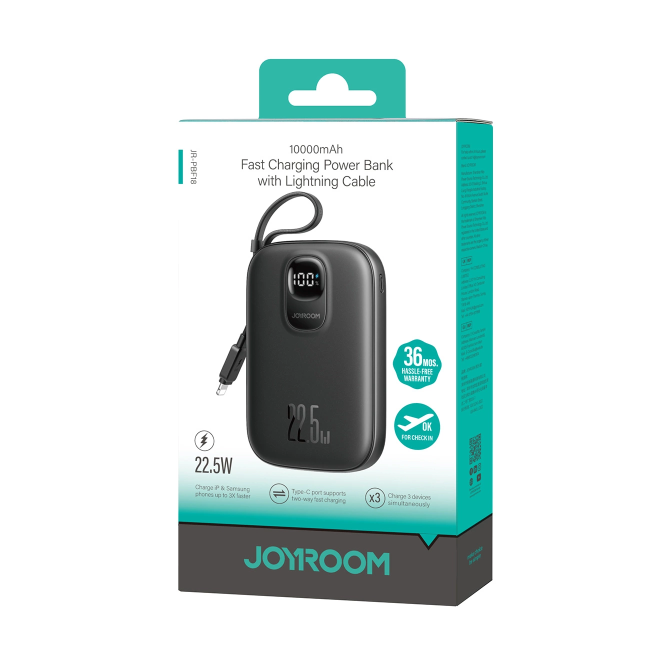 Ulkoinen akku Joyroom JR-PBF18, 10000mAh, 22.5W, QC + PD, 1 x Lightning - 1 x USB-A - 1 x USB-C, Musta