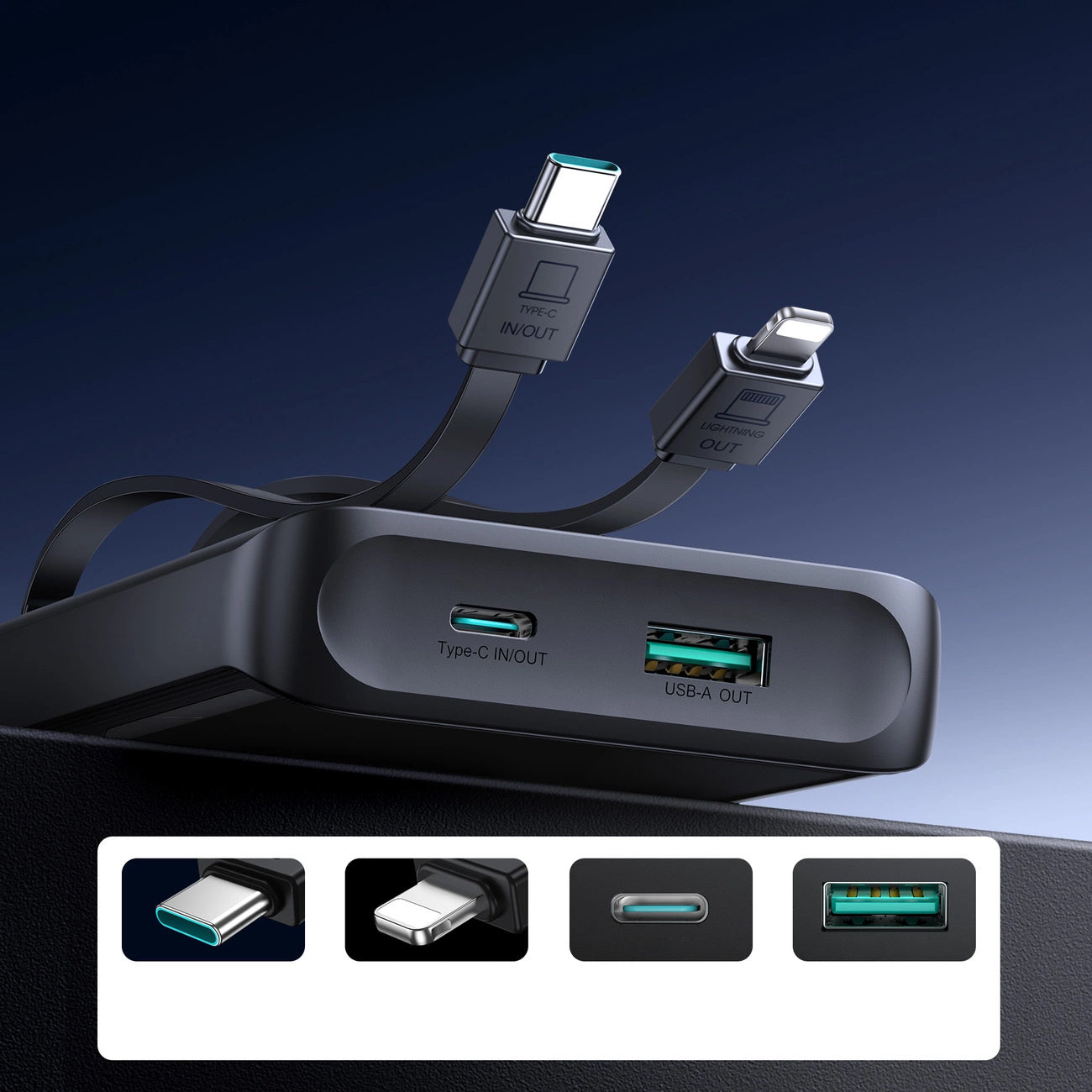 Ulkoinen akku Joyroom JR-PBF19, 10000mAh, 22.5W, QC + PD, 1 x Lightning - 1 x USB-A - 2 x USB-C, Musta