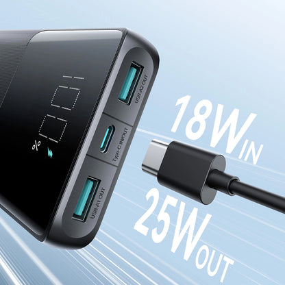 Ulkoinen akku Joyroom JR-PBF20, 10000mAh, 25W, QC + PD, 1 x USB-C - 2 x USB-A, Musta