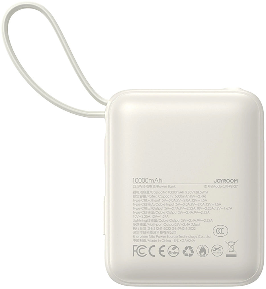 Ulkoinen akku Joyroom JR-PBF27, 10000mAh, 22.5W, PD, 1 x Lightning - 2 x USB-C, Valkoinen