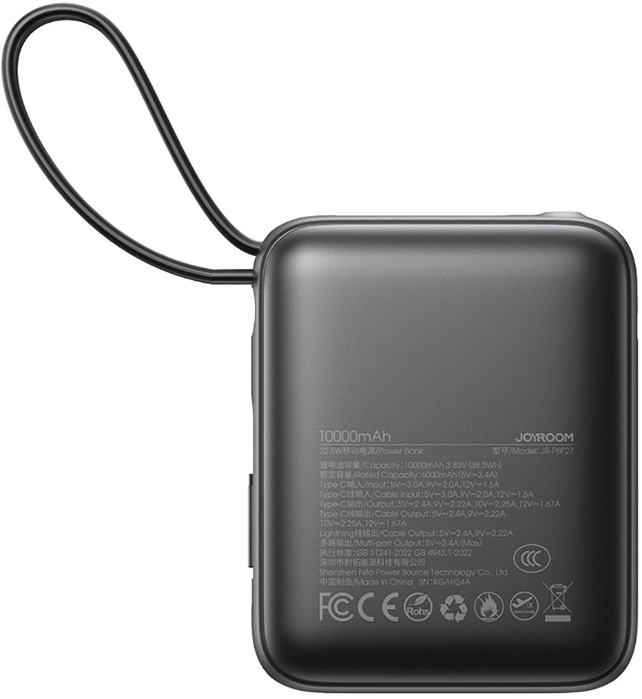Ulkoinen akku Joyroom JR-PBF27, 10000mAh, 22.5W, QC + PD, 1 x Lightning - 2 x USB-C, Musta