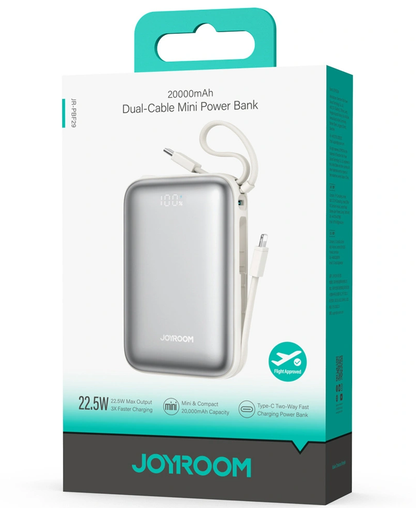 Ulkoinen akku Joyroom JR-PBF29, 20000mAh, 22.5W, QC + PD, 1 x Lightning - 2 x USB-C, Valkoinen