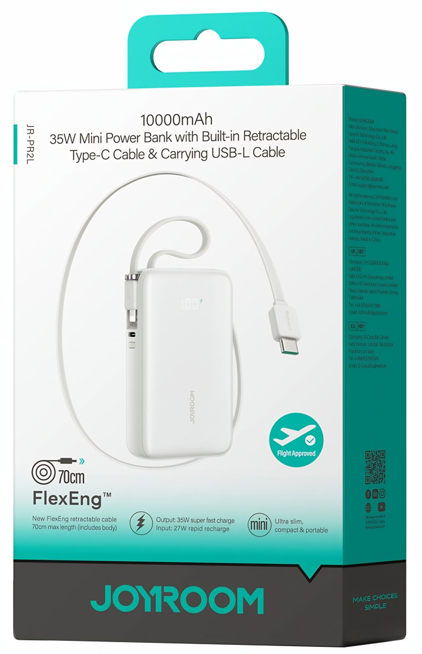 Joyroom JR-PR2L Ulkoinen Akku, 10000mAh, 35W, QC + PD, 1 x Lightning - 1 x USB-C, Valkoinen