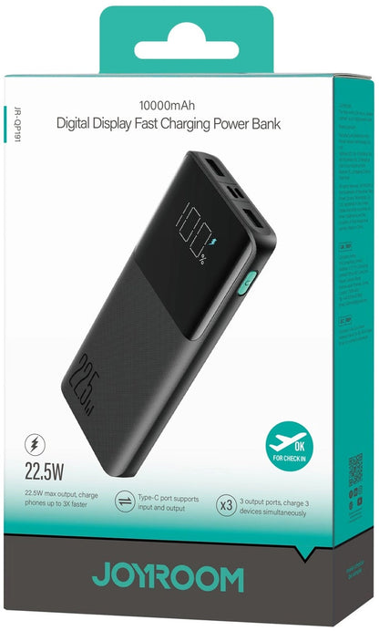 Ulkoinen akku Joyroom JR-QP191, 10000mAh, 22.5W, QC + PD, 1 x USB-C - 2 x USB-A, Musta