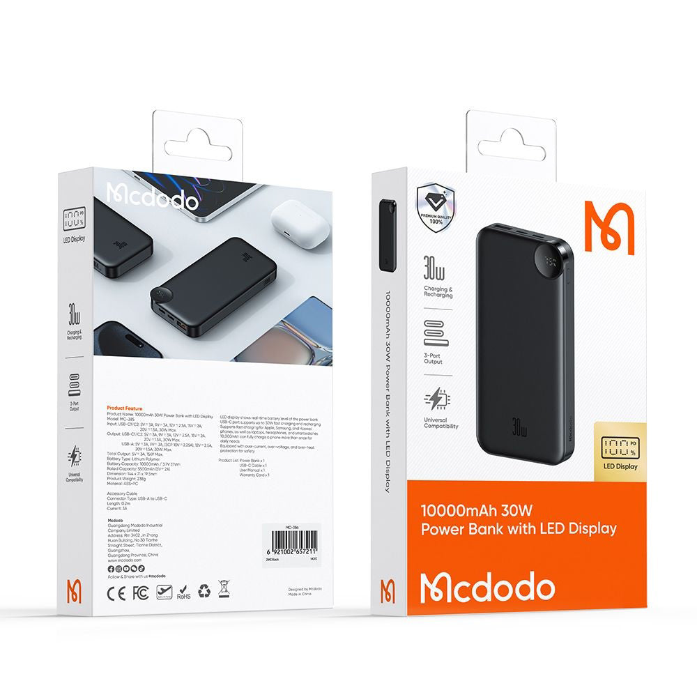 Ulkoinen akku McDodo MC-3850 Display, 10000mAh, 30W, QC + PD, 1 x USB-A - 2 x USB-C, Musta