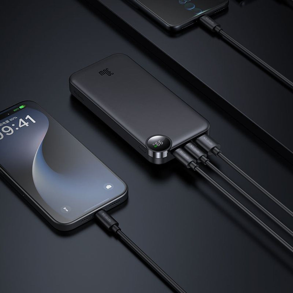 Ulkoinen akku McDodo MC-3850 Display, 10000mAh, 30W, QC + PD, 1 x USB-A - 2 x USB-C, Musta