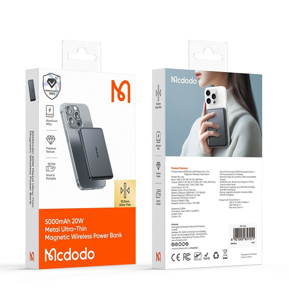 Langaton McDodo MC-4641 Meta ulkoinen akku, 5000mAh, 20W, PD + FQI, 1 x QI - 1 x USB-C, Musta