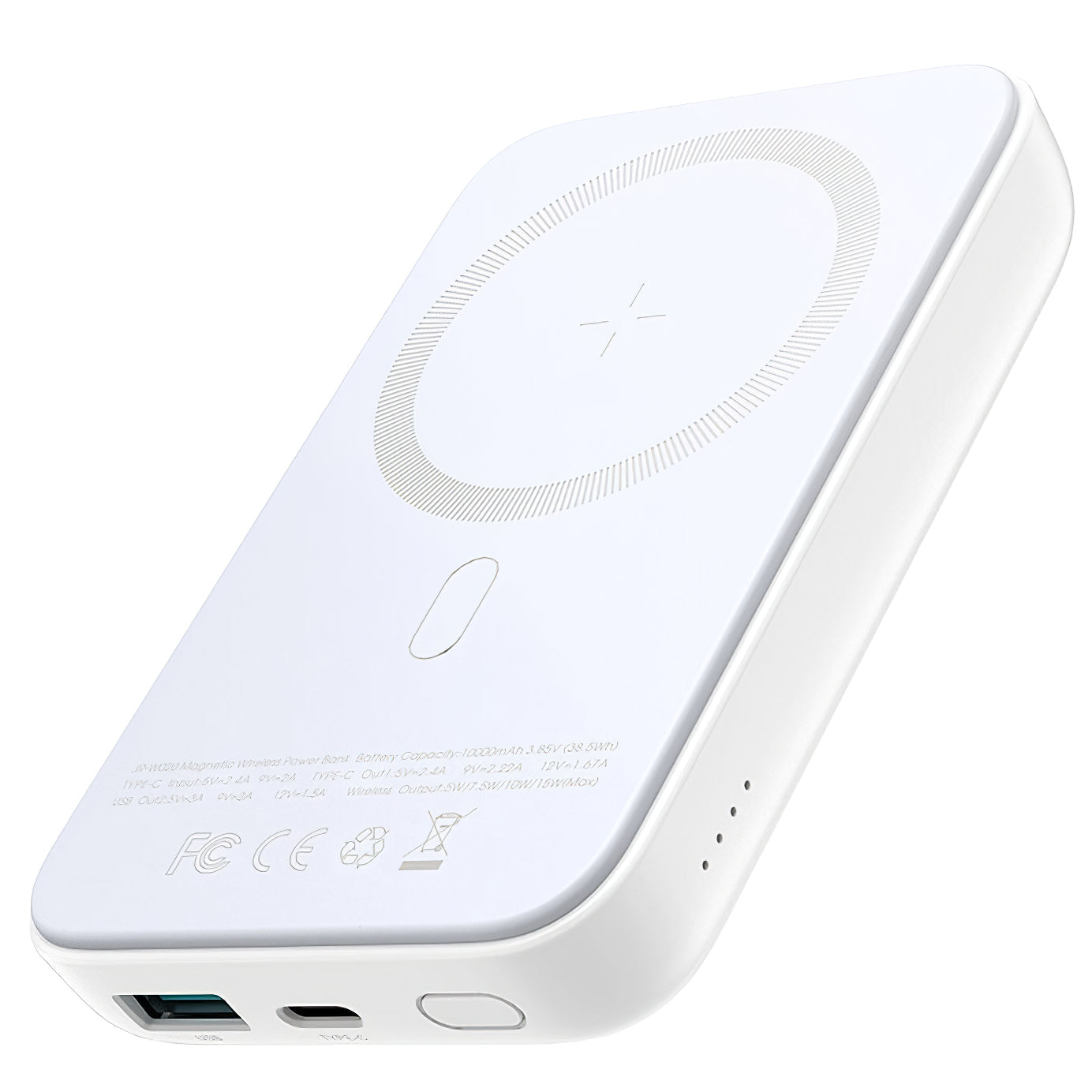 Langaton ulkoinen akku Joyroom JR-W020, 10000mAh, 20W, QC + PD + FQI, 1 x QI - 1 x USB-A - 1 x USB-C, Valkoinen