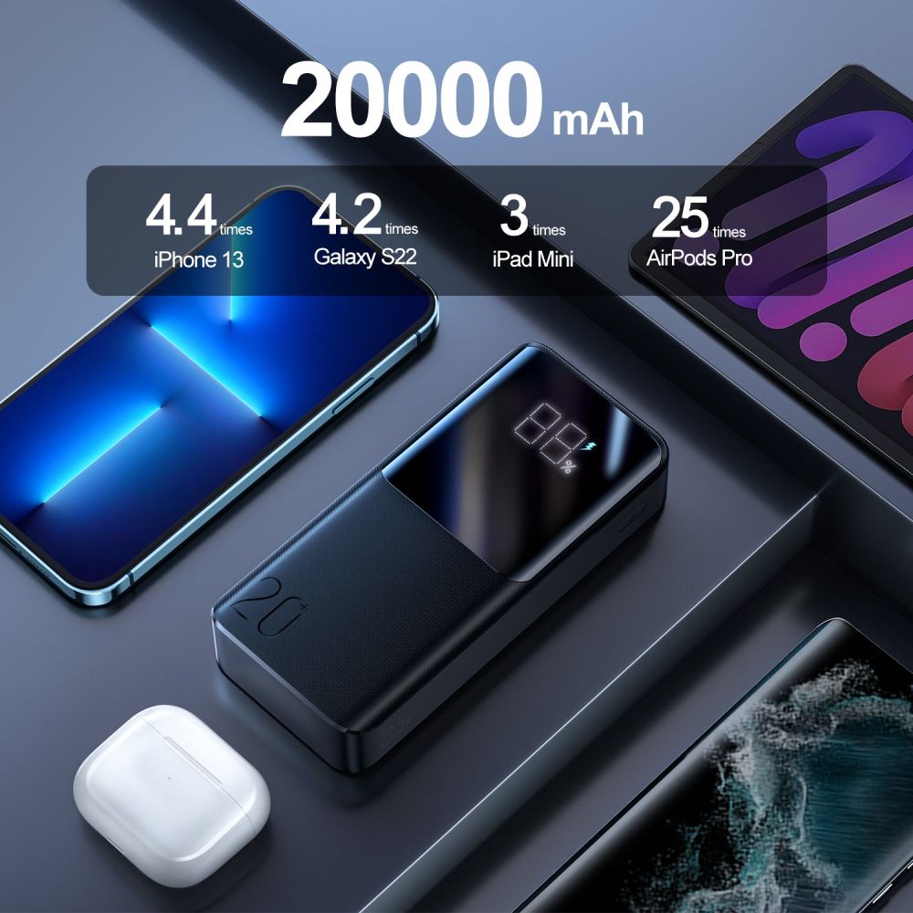 Joyroomin ulkoinen akku, 20000mAh, 22.5W, QC + PD, 1 x USB-C - 2 x USB-A, Musta JR-QP192