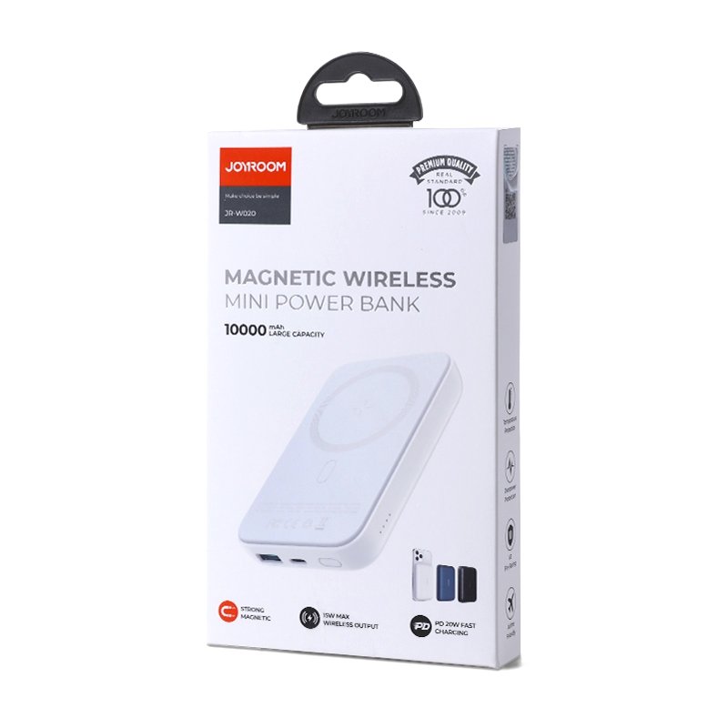 Langaton ulkoinen akku Joyroom JR-W020, 10000mAh, 20W, QC + PD + FQI, 1 x QI - 1 x USB-A - 1 x USB-C, Valkoinen