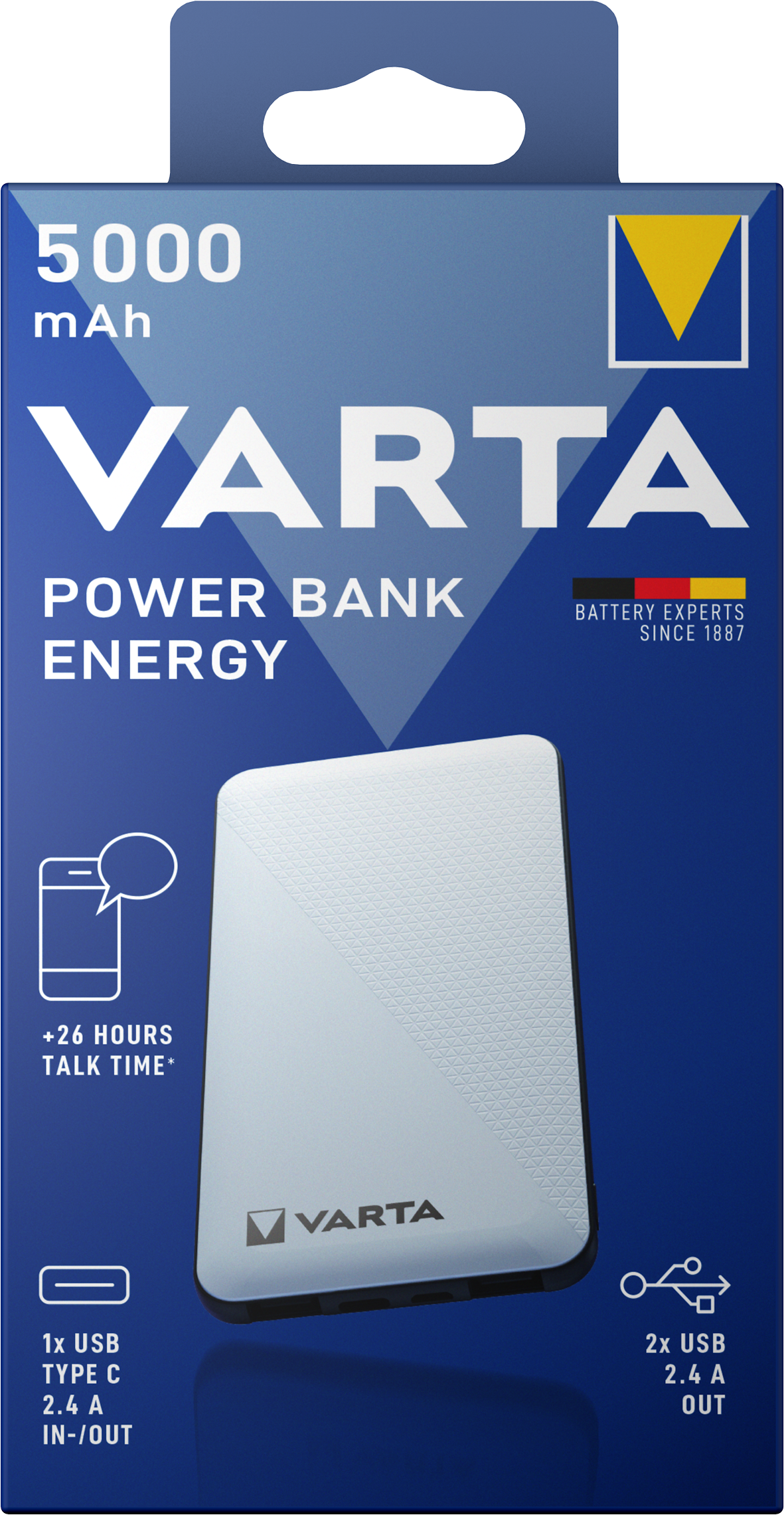 Varta Energy ulkoinen akku, 5000mAh, 15W, 2 x USB-A - 1 x USB-C, valkoinen