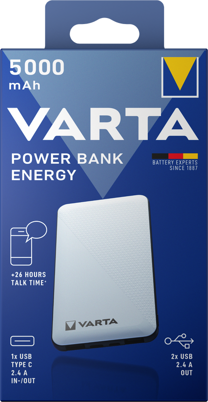 Varta Energy ulkoinen akku, 5000mAh, 15W, 2 x USB-A - 1 x USB-C, valkoinen