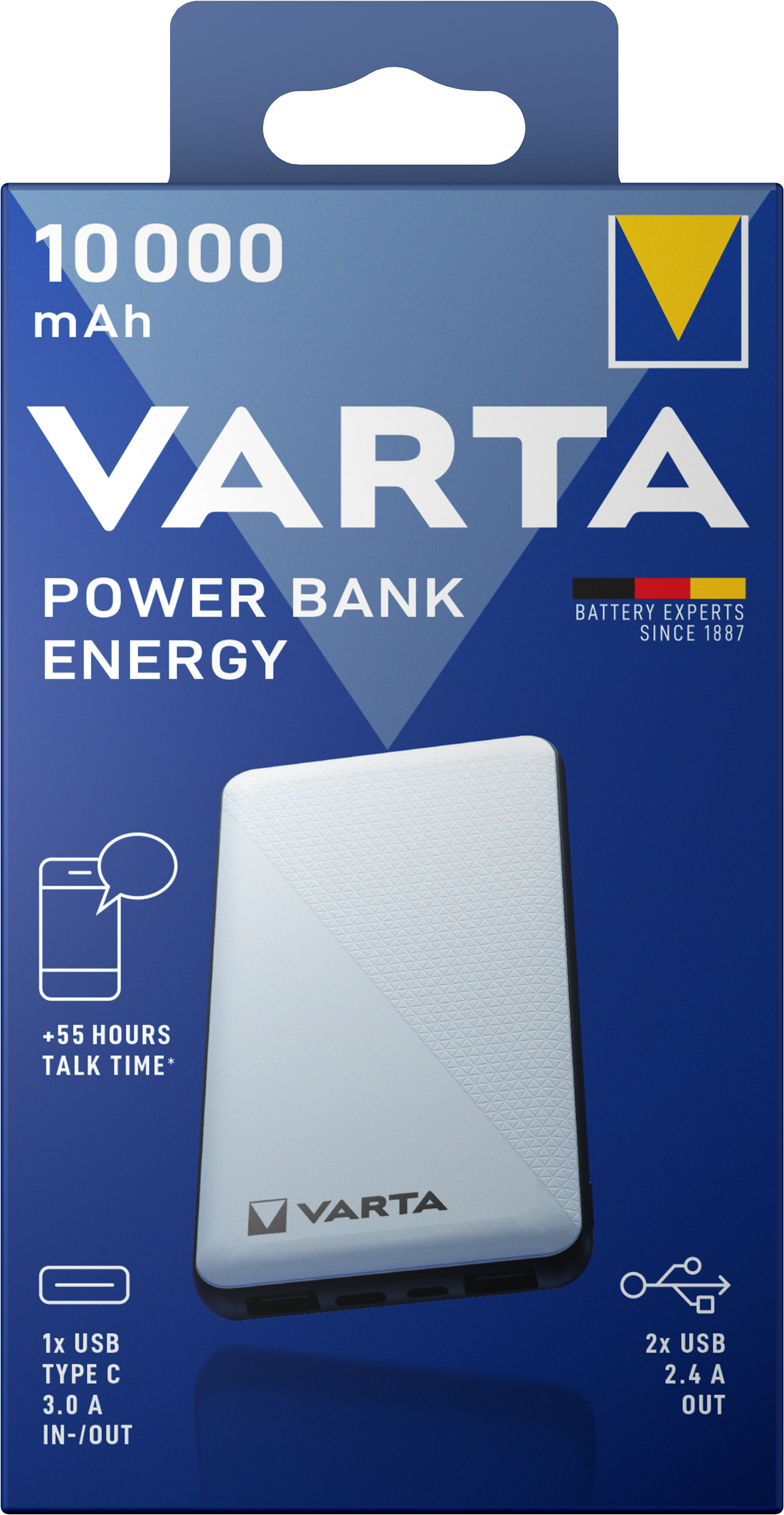 Varta Energy ulkoinen akku, 10000mAh, 15W, 2 x USB-A - 1 x USB-C, valkoinen