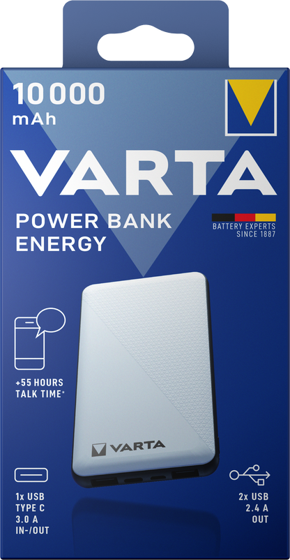 Varta Energy ulkoinen akku, 10000mAh, 15W, 2 x USB-A - 1 x USB-C, valkoinen