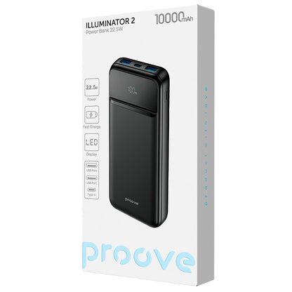 Proove Illuminator 2 ulkoinen akku, 10000mAh, 22.5W, QC + PD, 2 x USB-A - 1 x USB-C, Musta PBIP10212201